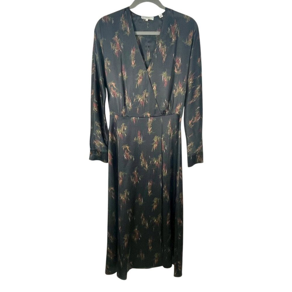 Vince Black Floral Long Sleeve Midi Dress XS Elegant V-Neck Casual Chic - Picture 2 of 15